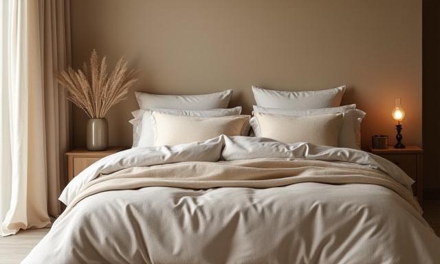 Plush luxury bedding in natural hues, adorned with subtle desert patterns, in a serene bedroom setting.
